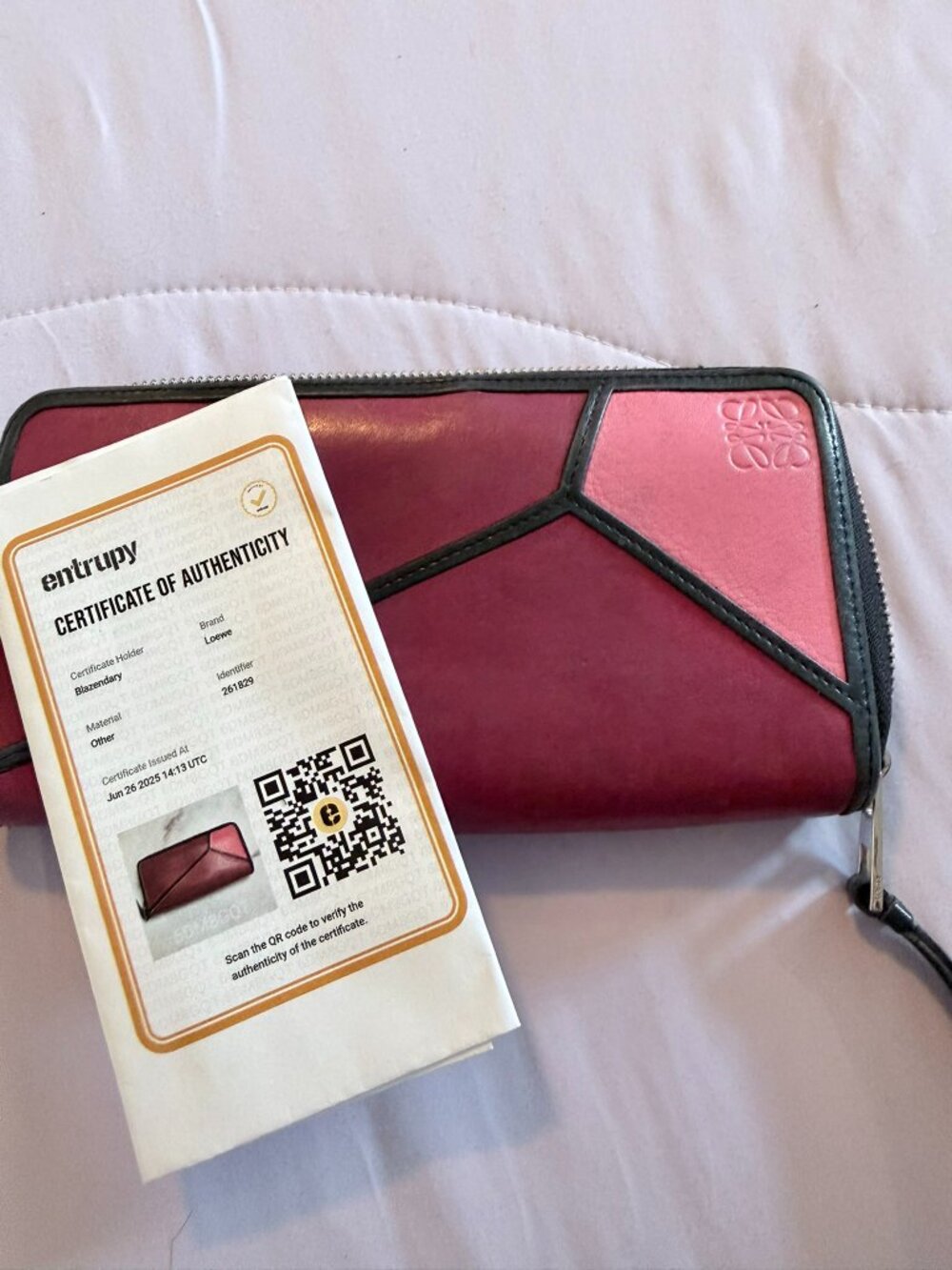 Loewe Puzzle Zip-Around Wallet Geometric Patchwork Bordeaux Pink Black Leather